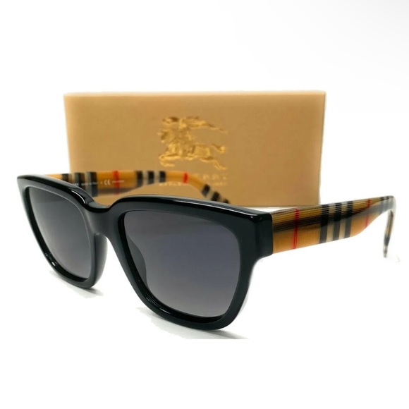 $319 Burberry Checked Arms Sunglasses Gray Polarized Lens Black Front Front NIB main image 4